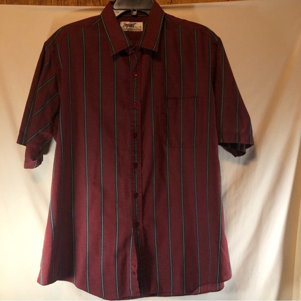 Impact men’s maroon/blue/gray striped short sleeve button down shirt XL